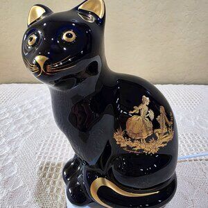 Vintage 8" Large Cobalt Blue LIMOGES Castel France Seated Cat Courting Couple